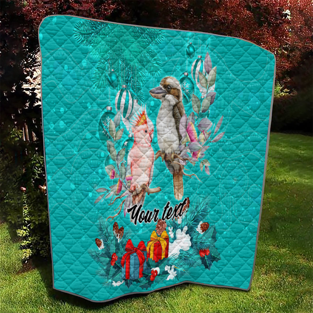 personalised-kookaburra-and-cockatoo-quilt-australia-merry-christmas-aboriginal-teal-style
