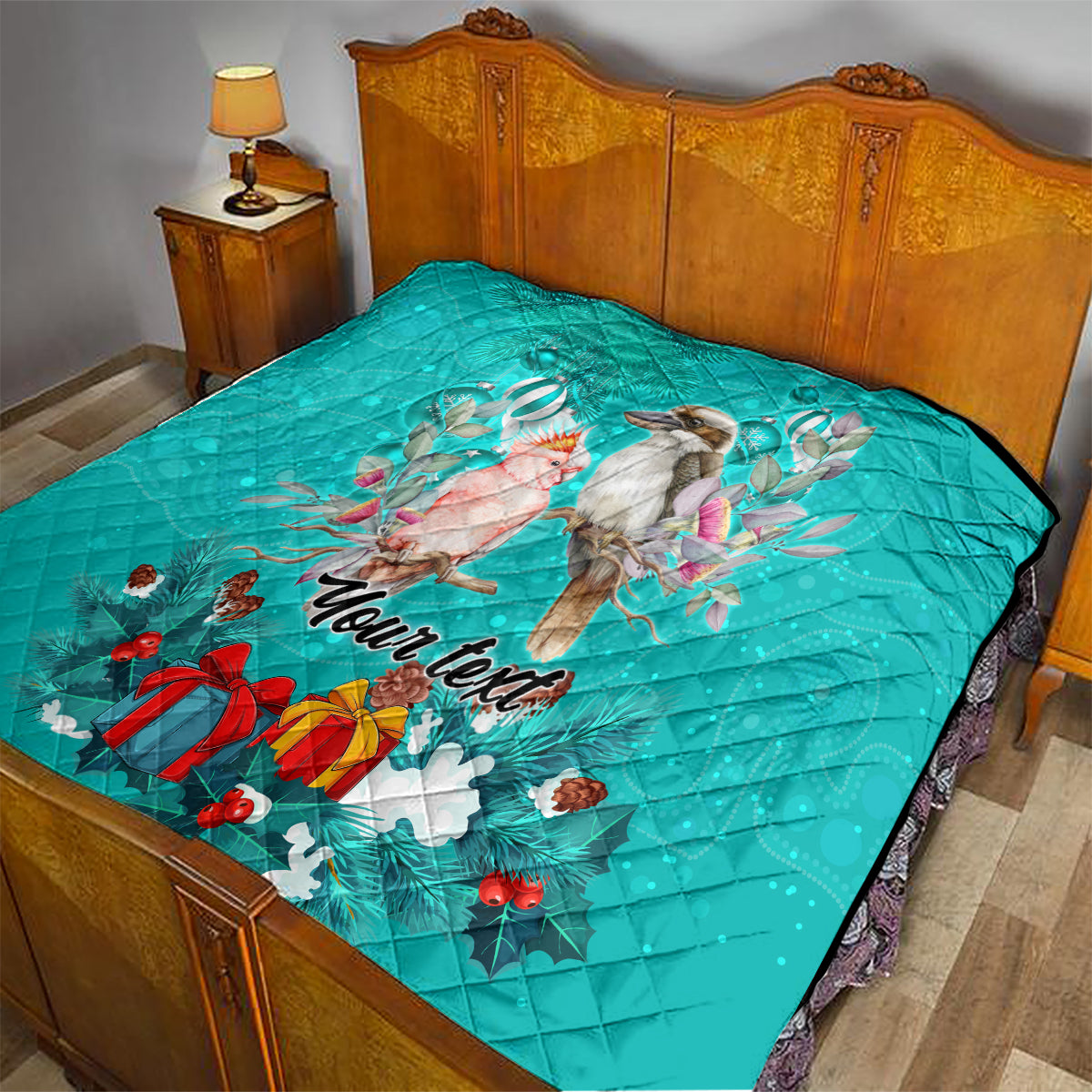 personalised-kookaburra-and-cockatoo-quilt-australia-merry-christmas-aboriginal-teal-style