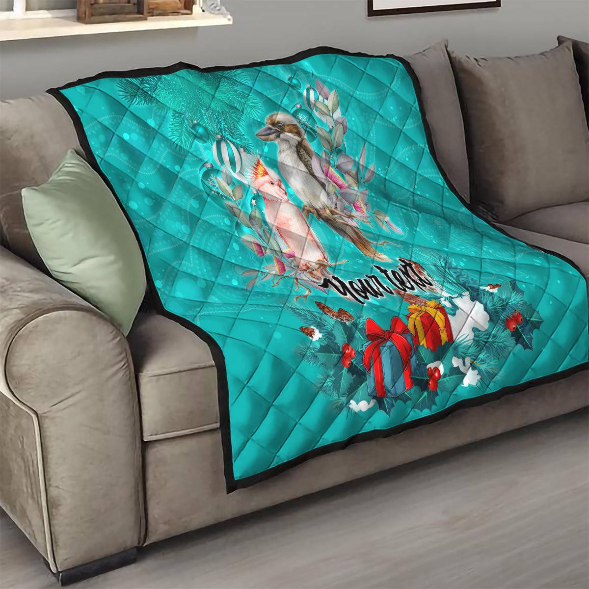personalised-kookaburra-and-cockatoo-quilt-australia-merry-christmas-aboriginal-teal-style