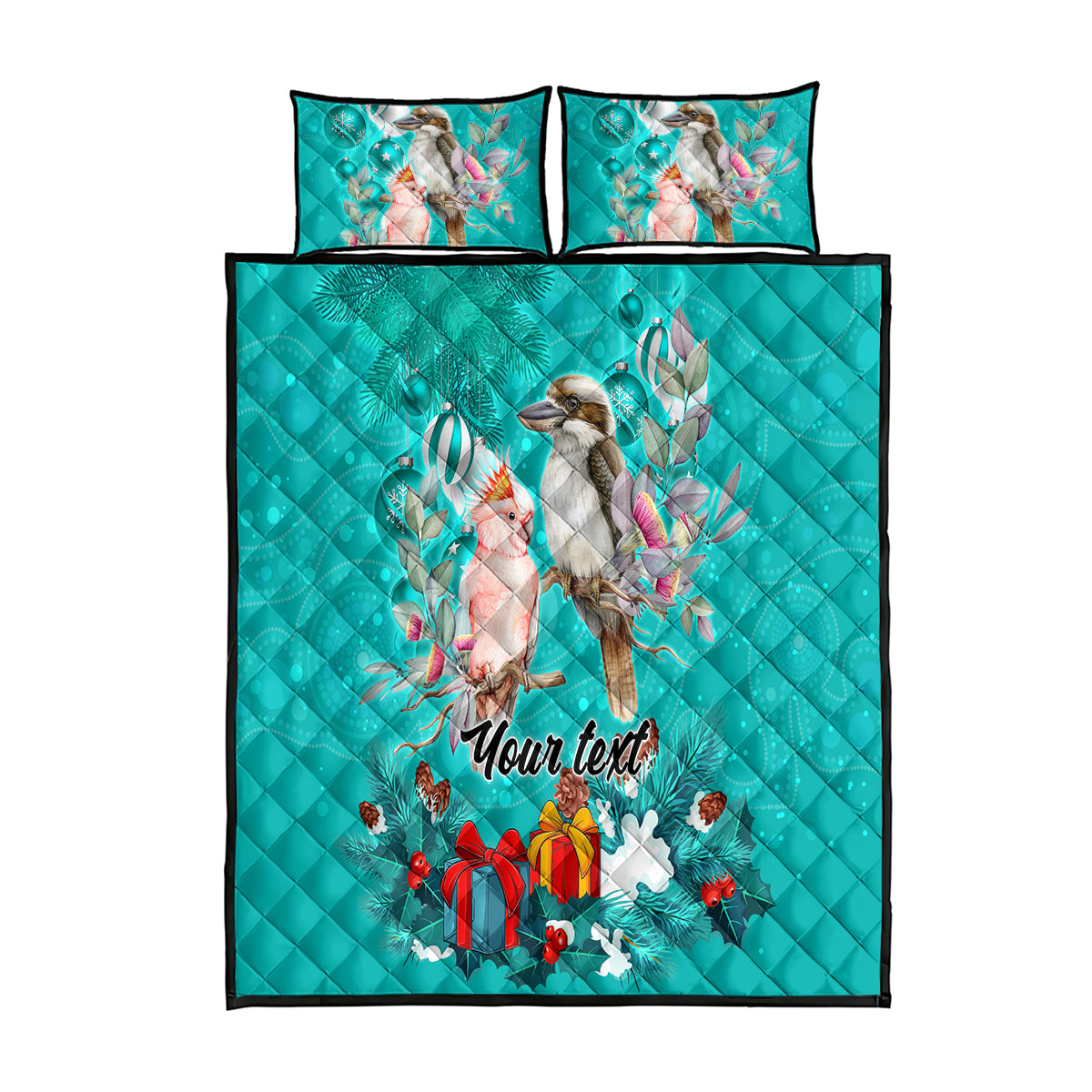 personalised-kookaburra-and-cockatoo-quilt-bed-set-australia-merry-christmas-aboriginal-teal-style