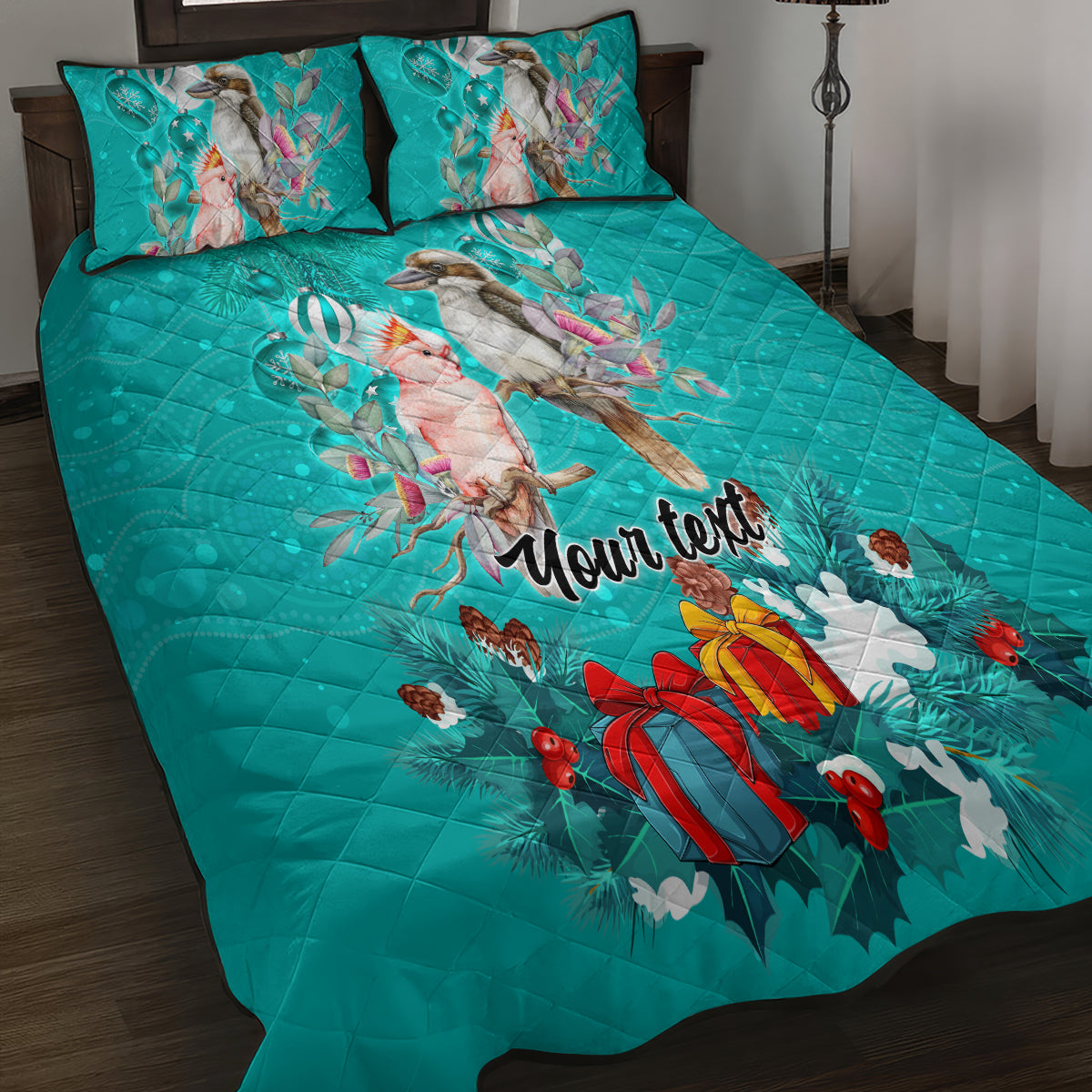 personalised-kookaburra-and-cockatoo-quilt-bed-set-australia-merry-christmas-aboriginal-teal-style