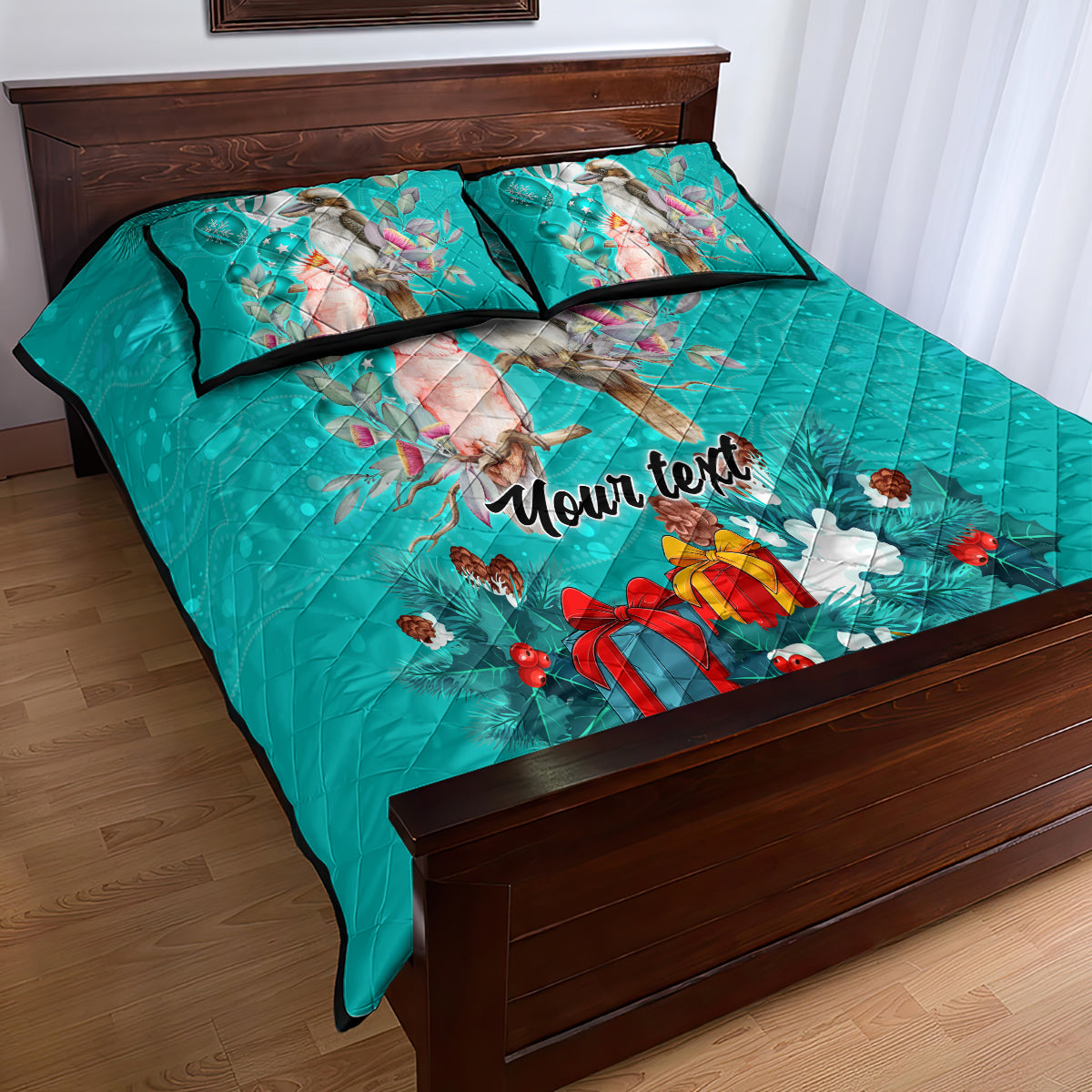 personalised-kookaburra-and-cockatoo-quilt-bed-set-australia-merry-christmas-aboriginal-teal-style