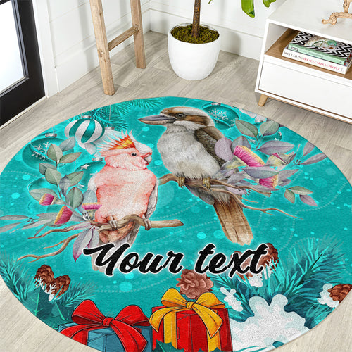 personalised-kookaburra-and-cockatoo-round-carpet-australia-merry-christmas-aboriginal-teal-style