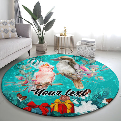 personalised-kookaburra-and-cockatoo-round-carpet-australia-merry-christmas-aboriginal-teal-style