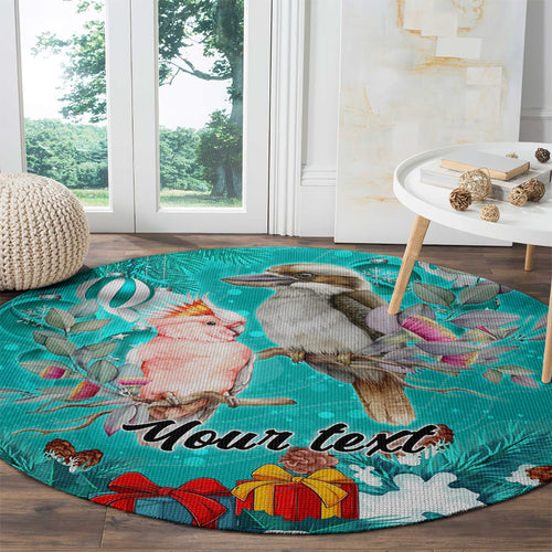 personalised-kookaburra-and-cockatoo-round-carpet-australia-merry-christmas-aboriginal-teal-style
