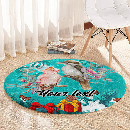 personalised-kookaburra-and-cockatoo-round-carpet-australia-merry-christmas-aboriginal-teal-style