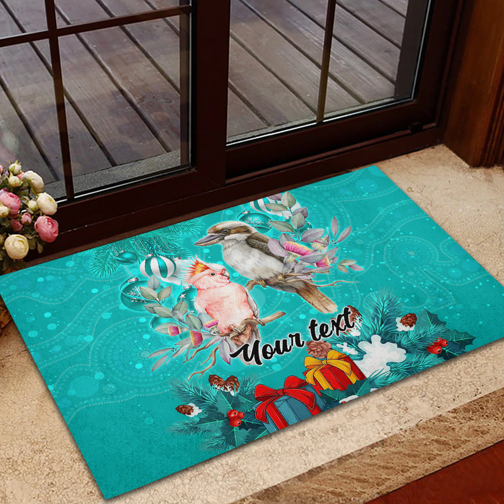 personalised-kookaburra-and-cockatoo-rubber-doormat-australia-merry-christmas-aboriginal-teal-style