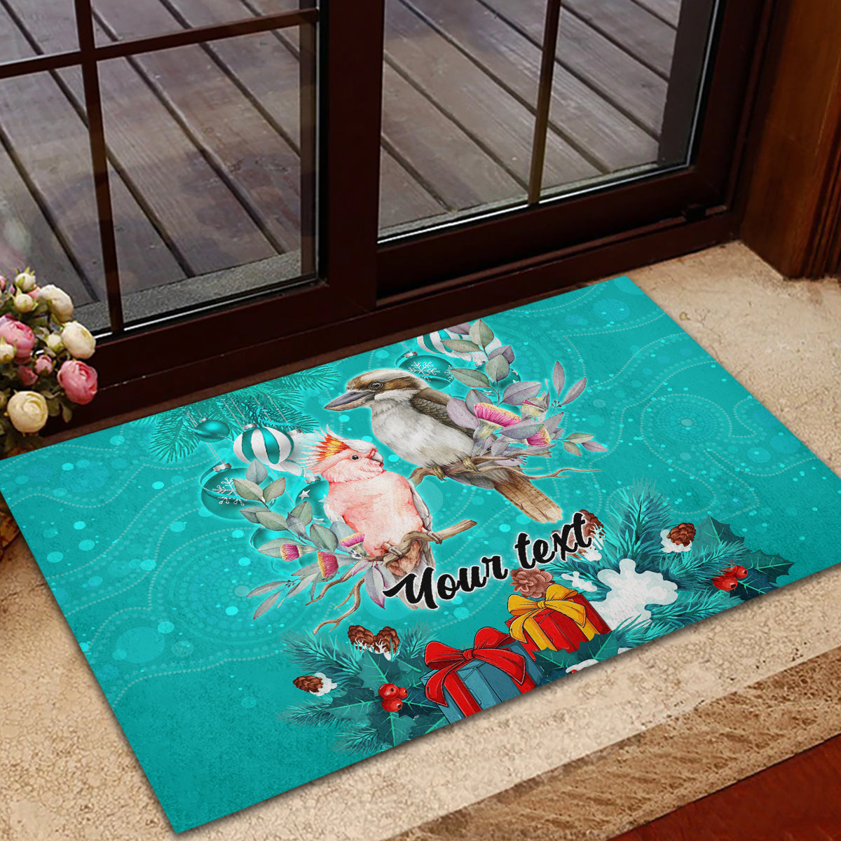 personalised-kookaburra-and-cockatoo-rubber-doormat-australia-merry-christmas-aboriginal-teal-style