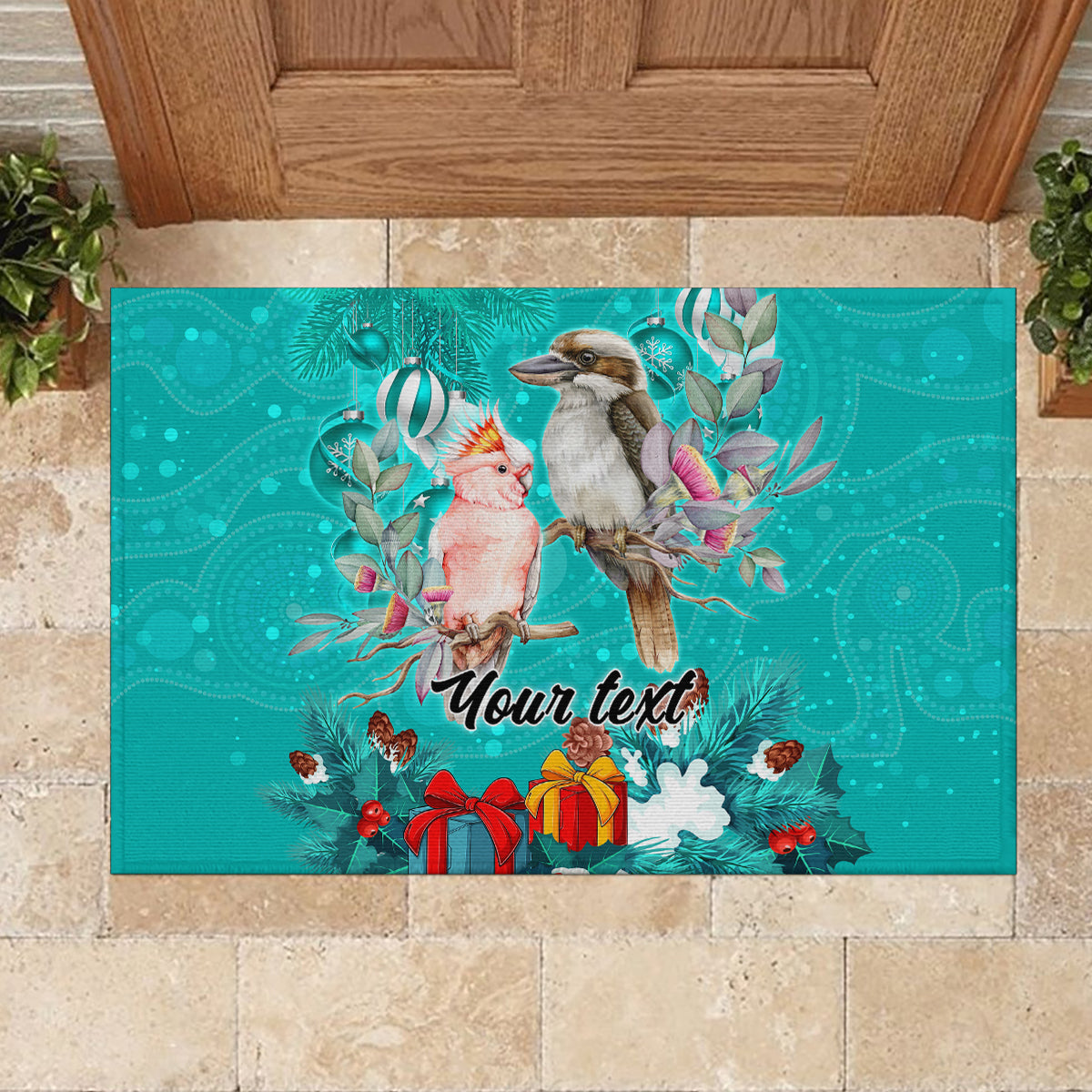 personalised-kookaburra-and-cockatoo-rubber-doormat-australia-merry-christmas-aboriginal-teal-style