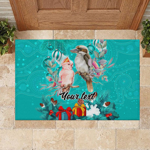 personalised-kookaburra-and-cockatoo-rubber-doormat-australia-merry-christmas-aboriginal-teal-style