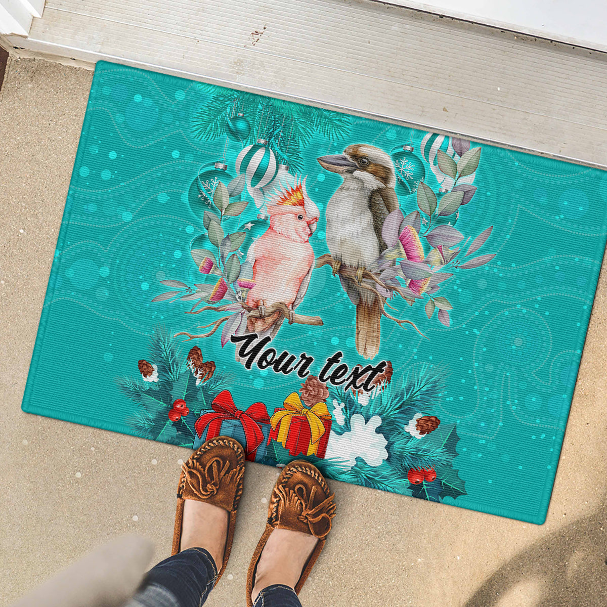 personalised-kookaburra-and-cockatoo-rubber-doormat-australia-merry-christmas-aboriginal-teal-style