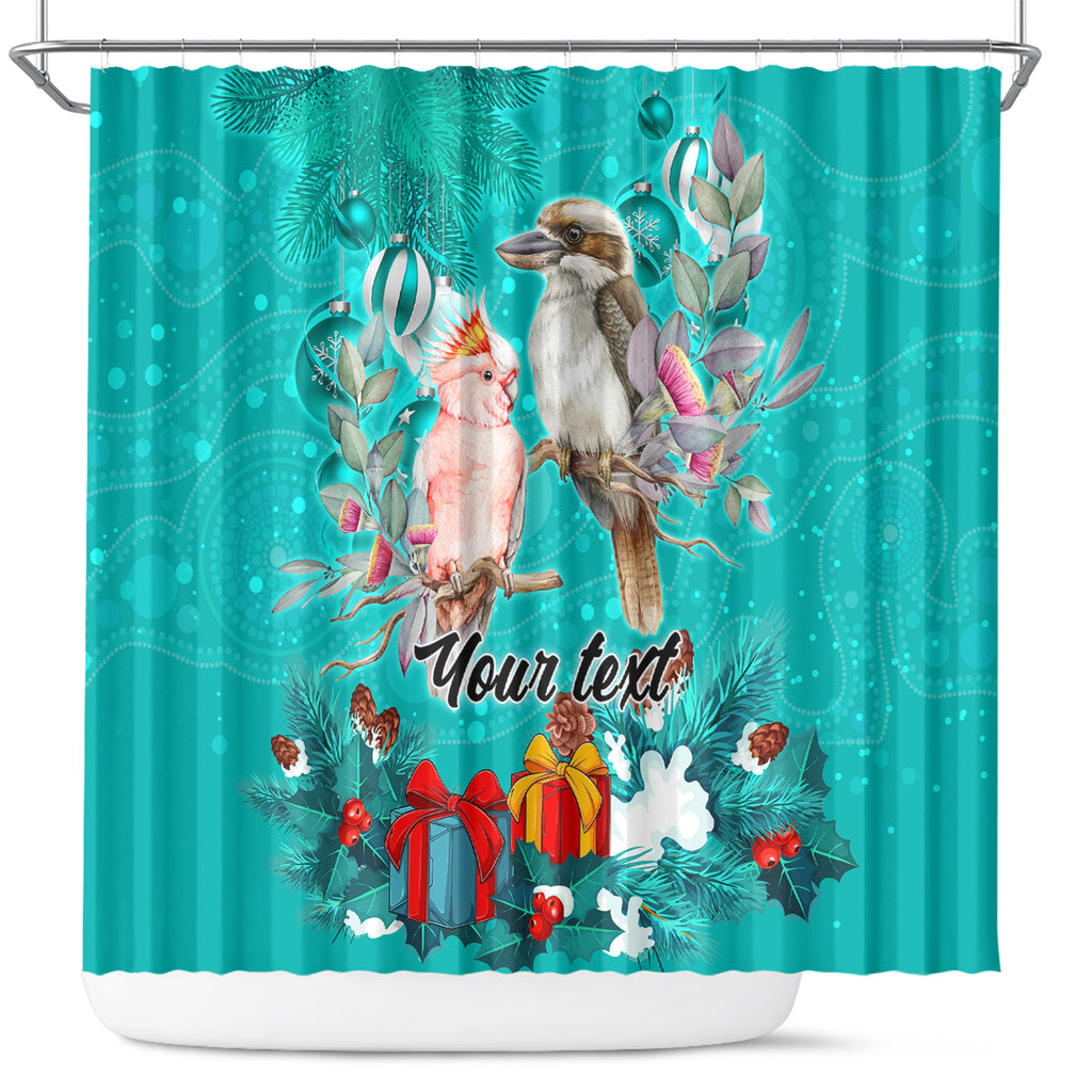 personalised-kookaburra-and-cockatoo-shower-curtain-australia-merry-christmas-aboriginal-teal-style