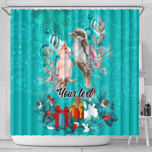 personalised-kookaburra-and-cockatoo-shower-curtain-australia-merry-christmas-aboriginal-teal-style