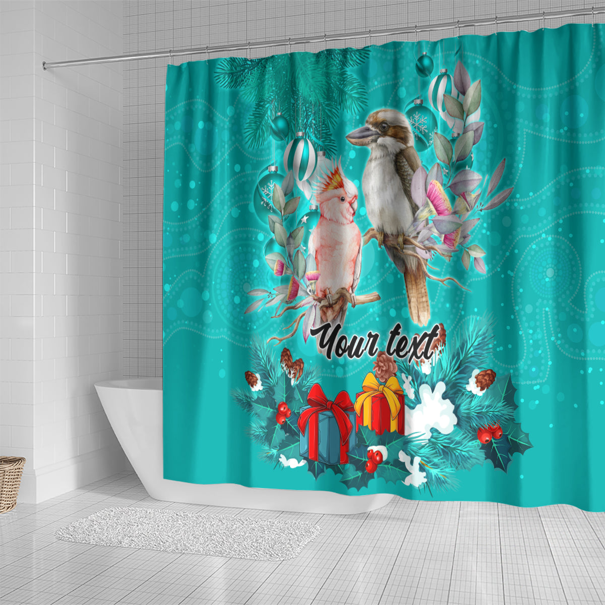 personalised-kookaburra-and-cockatoo-shower-curtain-australia-merry-christmas-aboriginal-teal-style