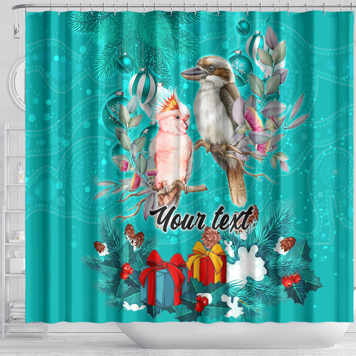 personalised-kookaburra-and-cockatoo-shower-curtain-australia-merry-christmas-aboriginal-teal-style