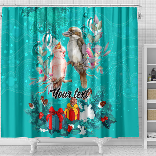 personalised-kookaburra-and-cockatoo-shower-curtain-australia-merry-christmas-aboriginal-teal-style