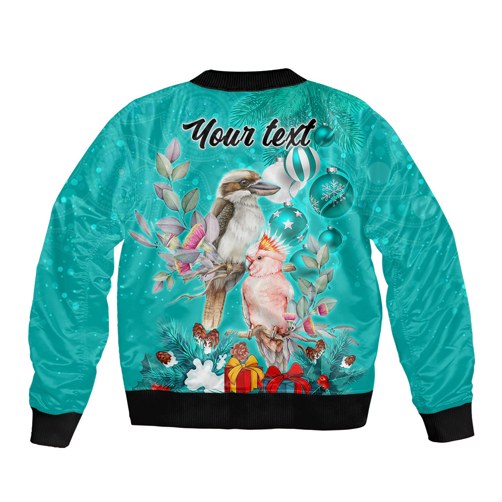 personalised-kookaburra-and-cockatoo-sleeve-zip-bomber-jacket-australia-merry-christmas-aboriginal-teal-style