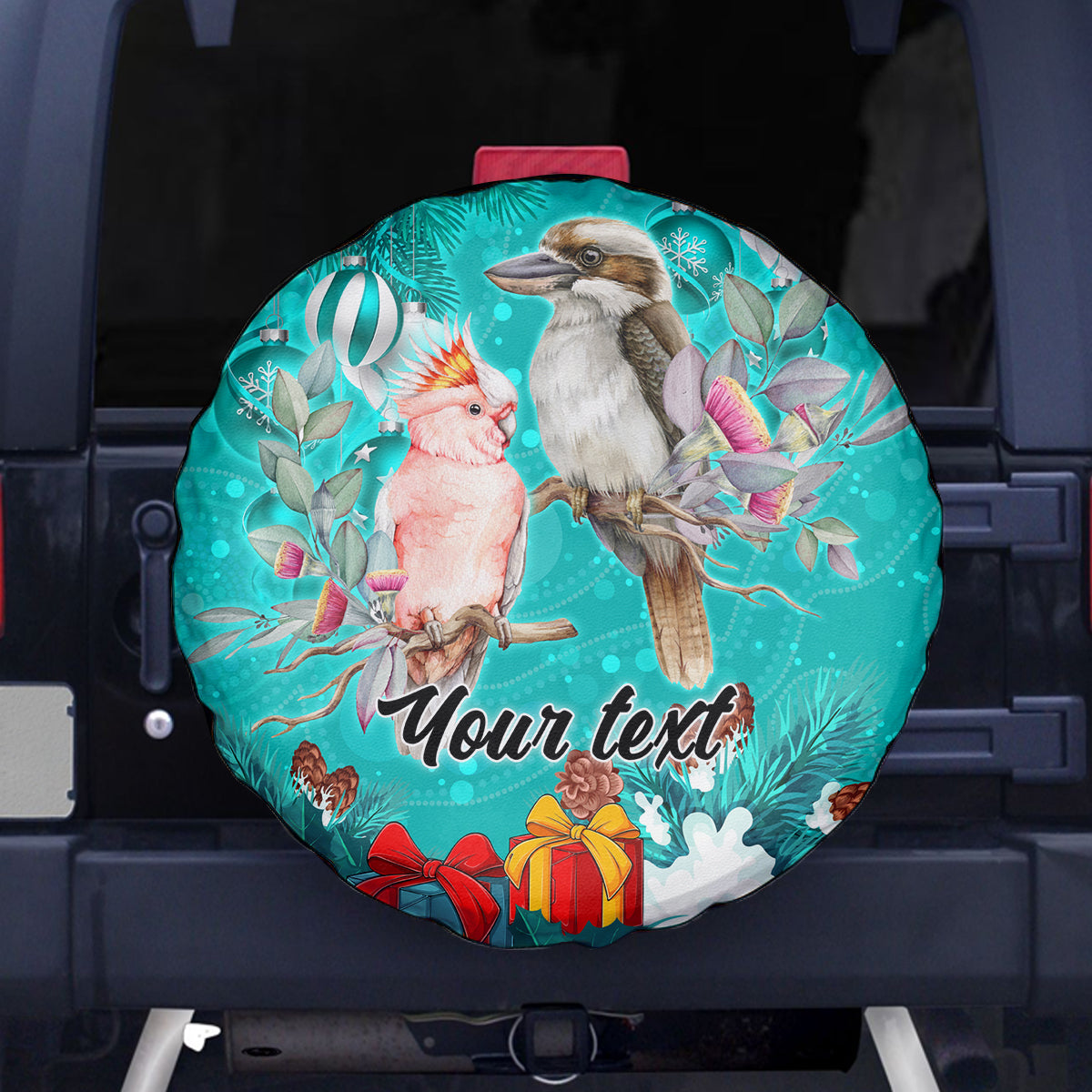 personalised-kookaburra-and-cockatoo-spare-tire-cover-australia-merry-christmas-aboriginal-teal-style
