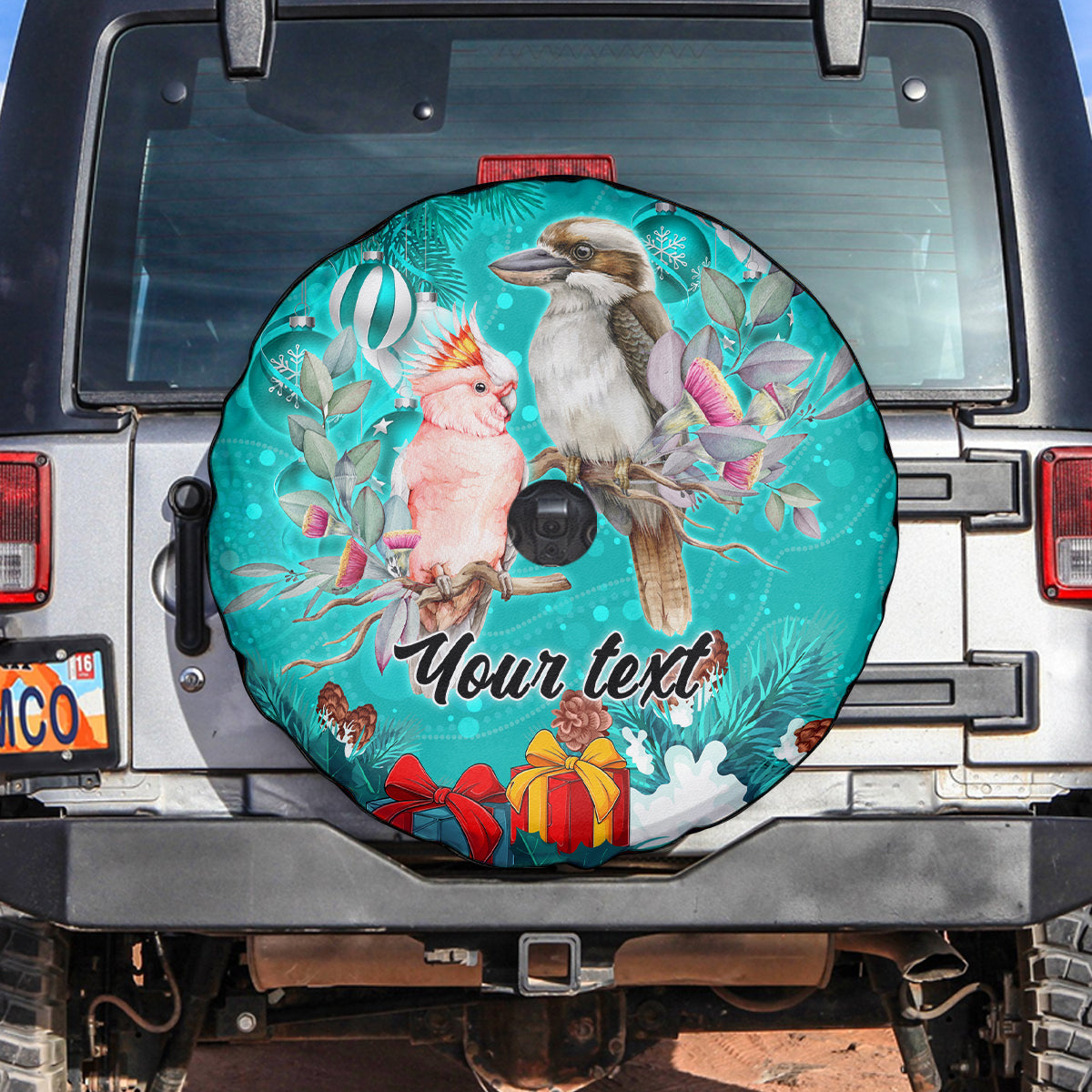 personalised-kookaburra-and-cockatoo-spare-tire-cover-australia-merry-christmas-aboriginal-teal-style