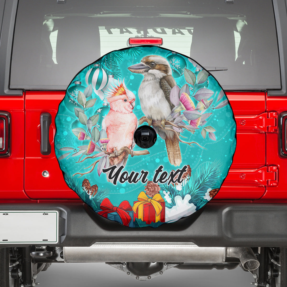 personalised-kookaburra-and-cockatoo-spare-tire-cover-australia-merry-christmas-aboriginal-teal-style