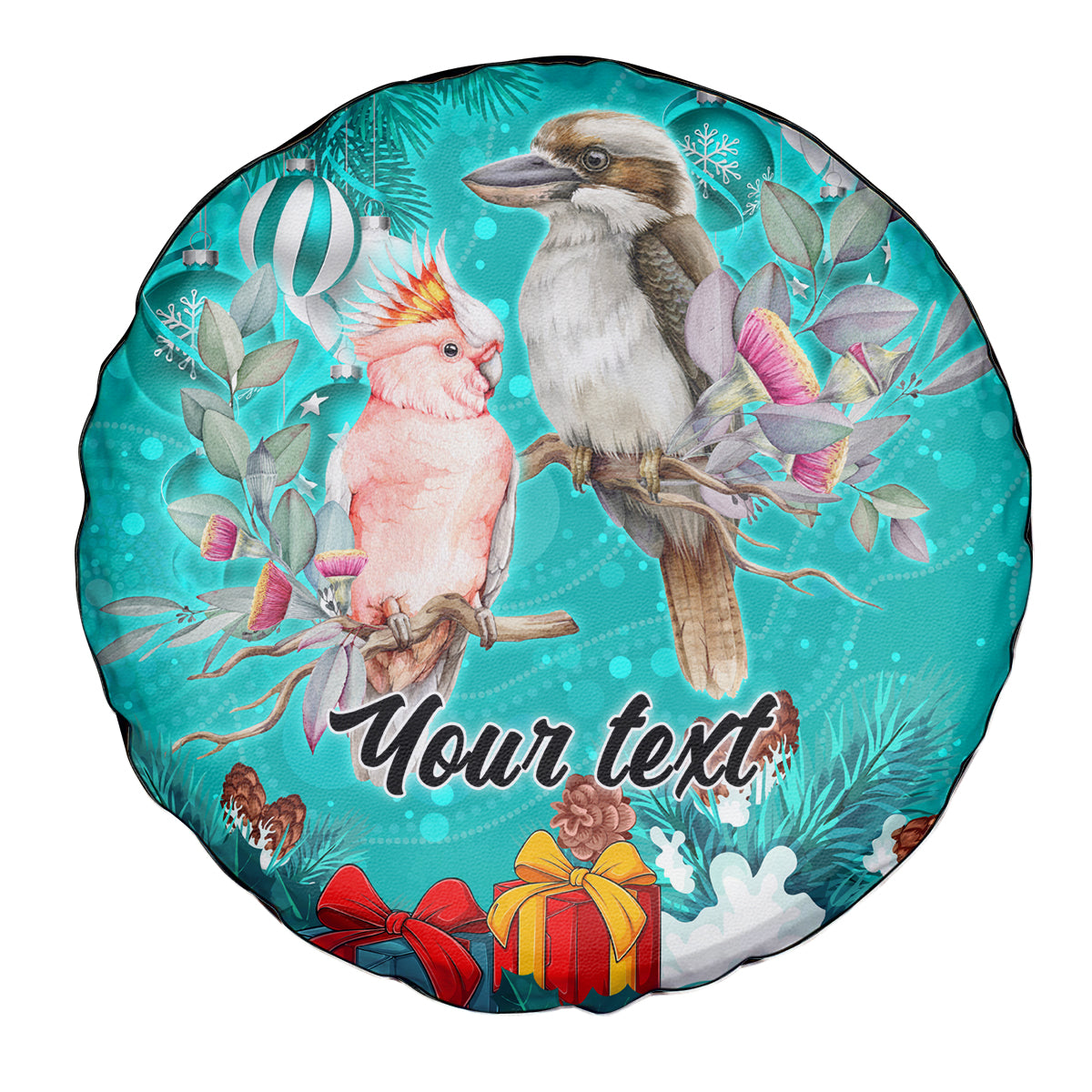 personalised-kookaburra-and-cockatoo-spare-tire-cover-australia-merry-christmas-aboriginal-teal-style