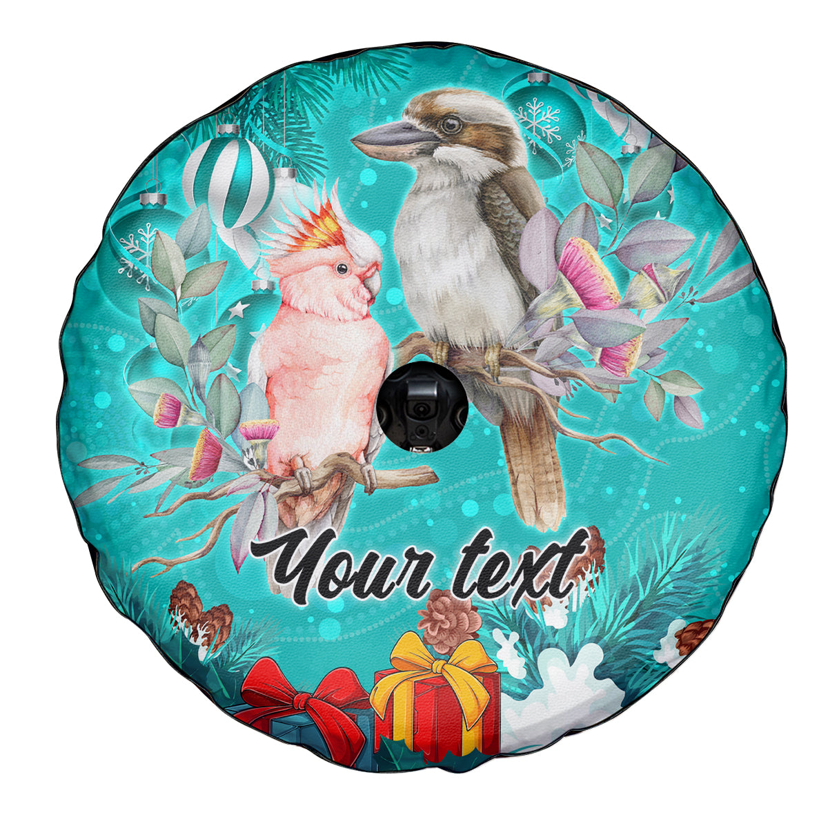 personalised-kookaburra-and-cockatoo-spare-tire-cover-australia-merry-christmas-aboriginal-teal-style
