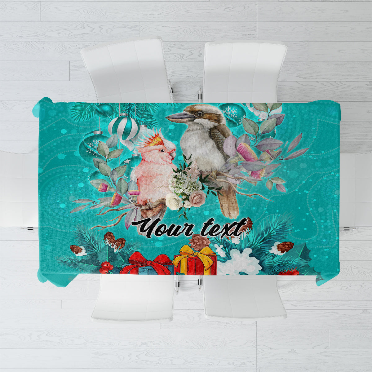 personalised-kookaburra-and-cockatoo-tablecloth-australia-merry-christmas-aboriginal-teal-style