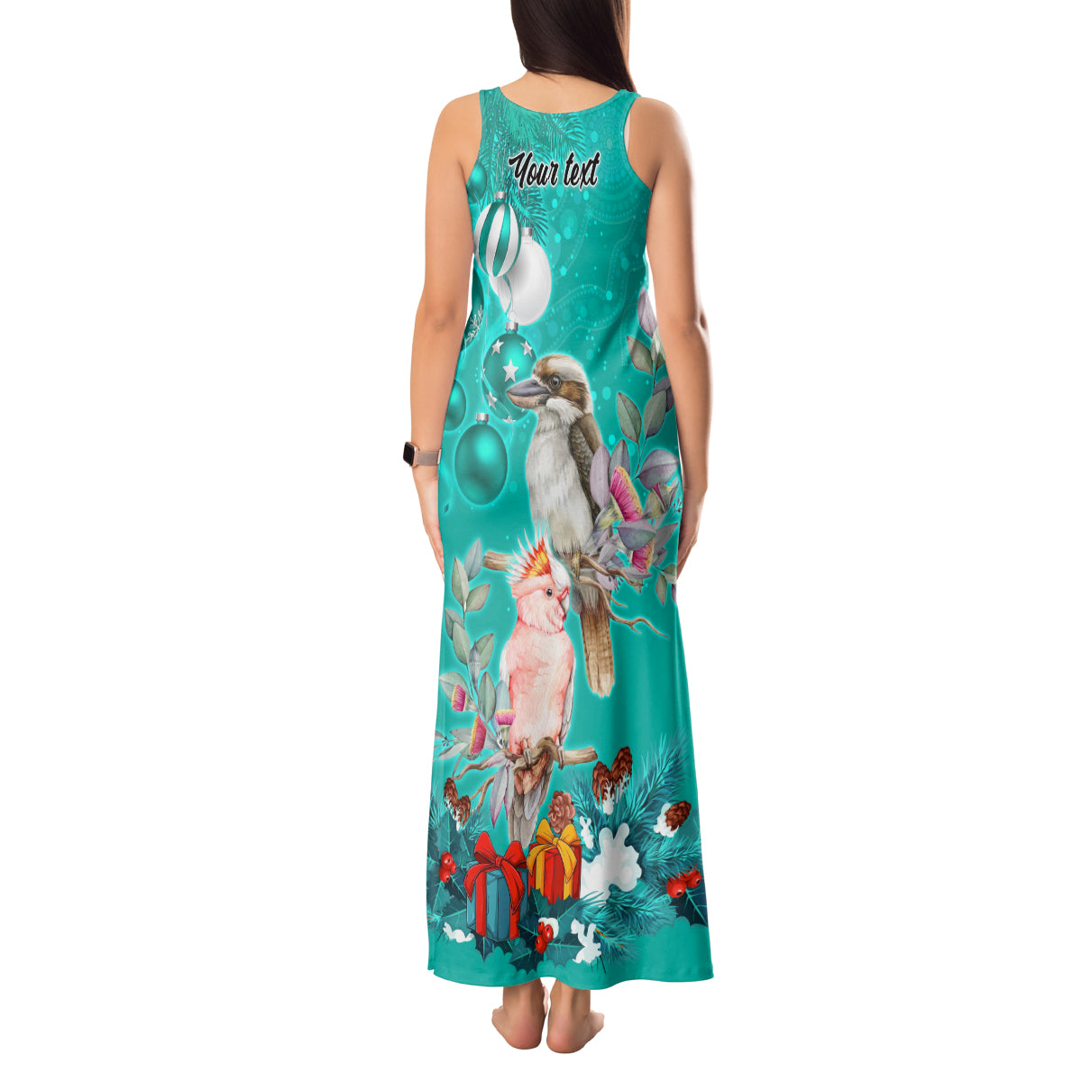 personalised-kookaburra-and-cockatoo-tank-maxi-dress-australia-merry-christmas-aboriginal-teal-style
