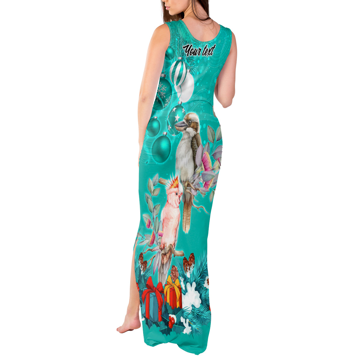 personalised-kookaburra-and-cockatoo-tank-maxi-dress-australia-merry-christmas-aboriginal-teal-style