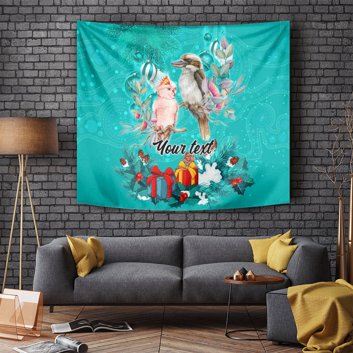 personalised-kookaburra-and-cockatoo-tapestry-australia-merry-christmas-aboriginal-teal-style