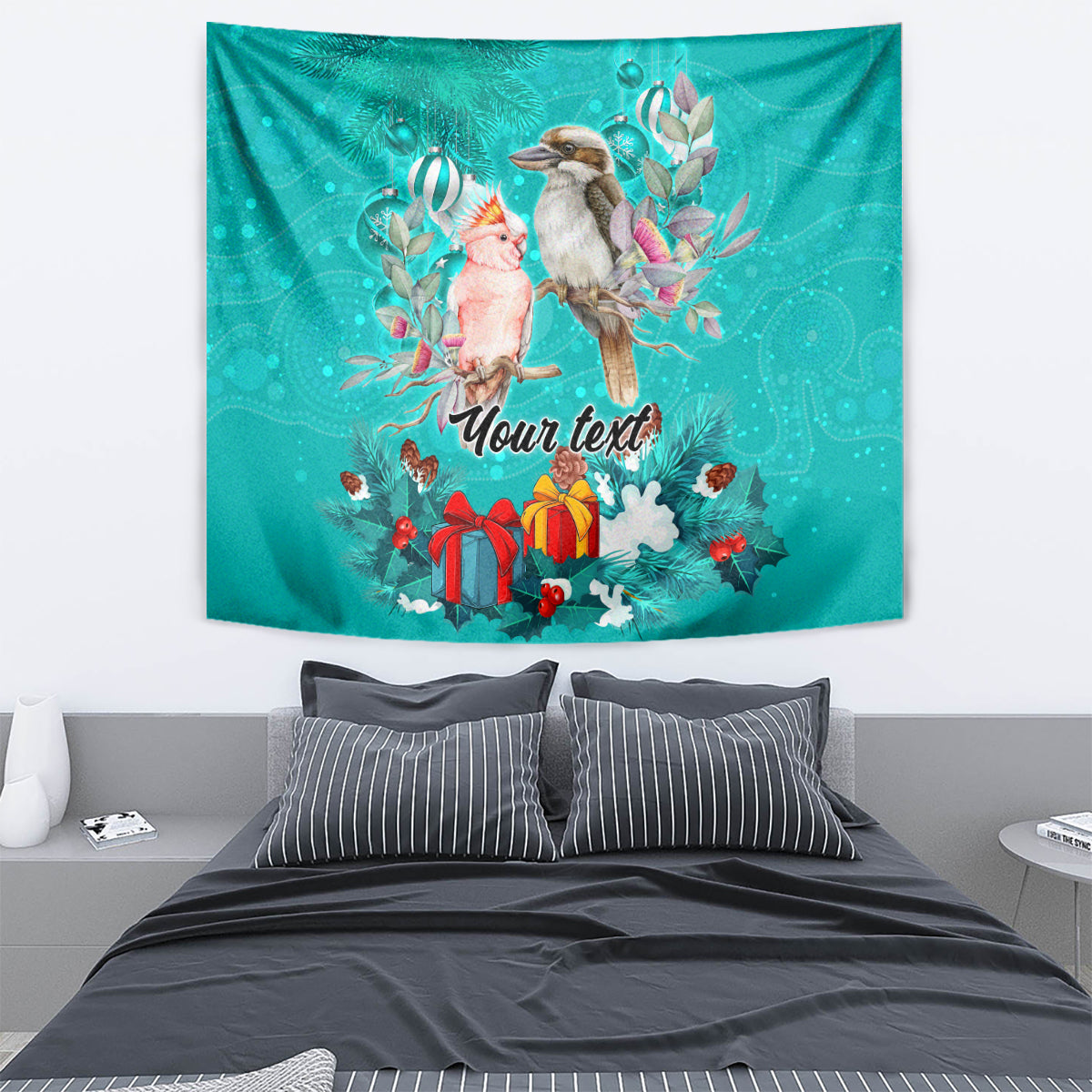 personalised-kookaburra-and-cockatoo-tapestry-australia-merry-christmas-aboriginal-teal-style
