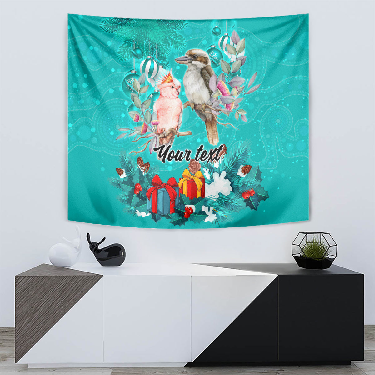 personalised-kookaburra-and-cockatoo-tapestry-australia-merry-christmas-aboriginal-teal-style