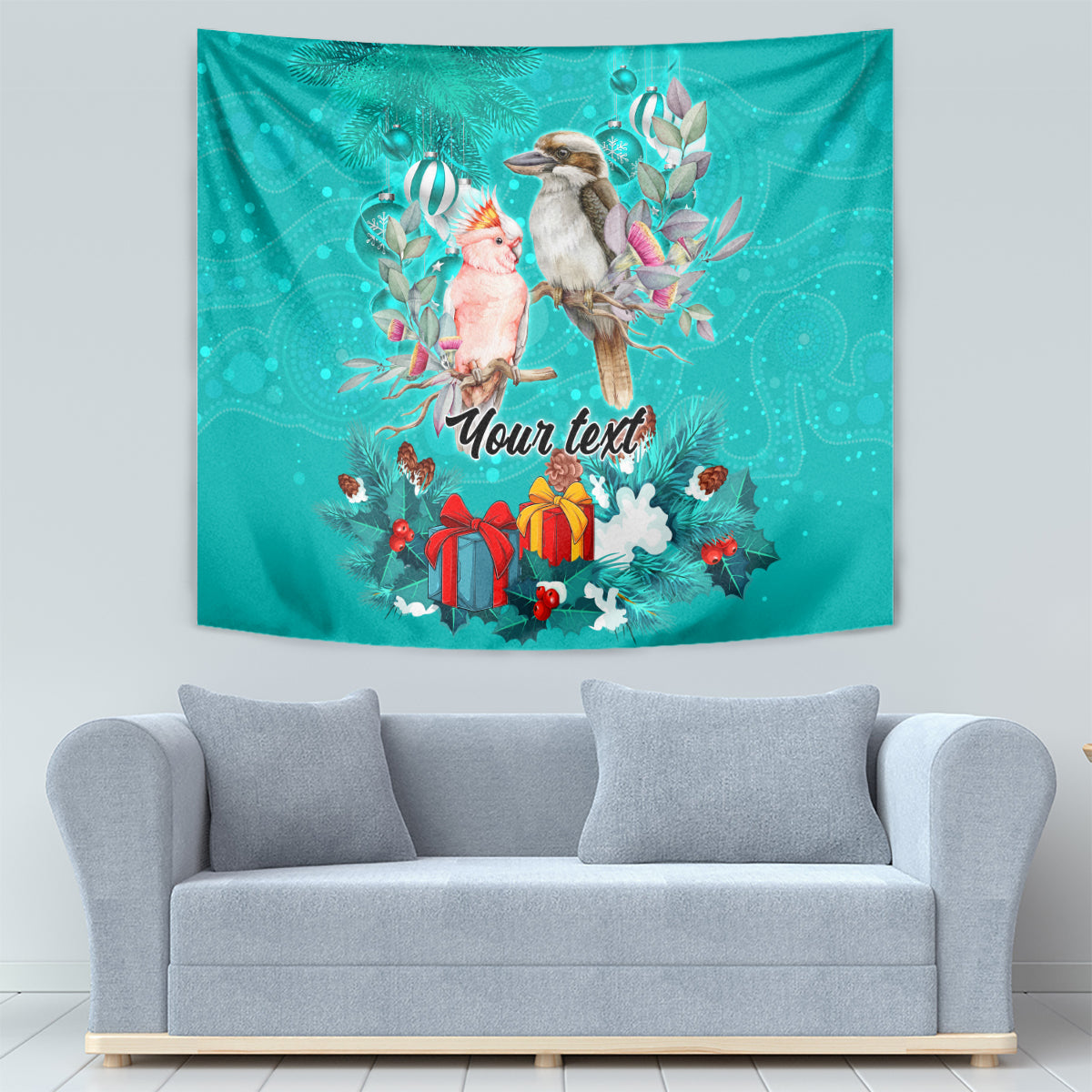 personalised-kookaburra-and-cockatoo-tapestry-australia-merry-christmas-aboriginal-teal-style