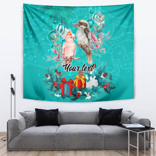 personalised-kookaburra-and-cockatoo-tapestry-australia-merry-christmas-aboriginal-teal-style
