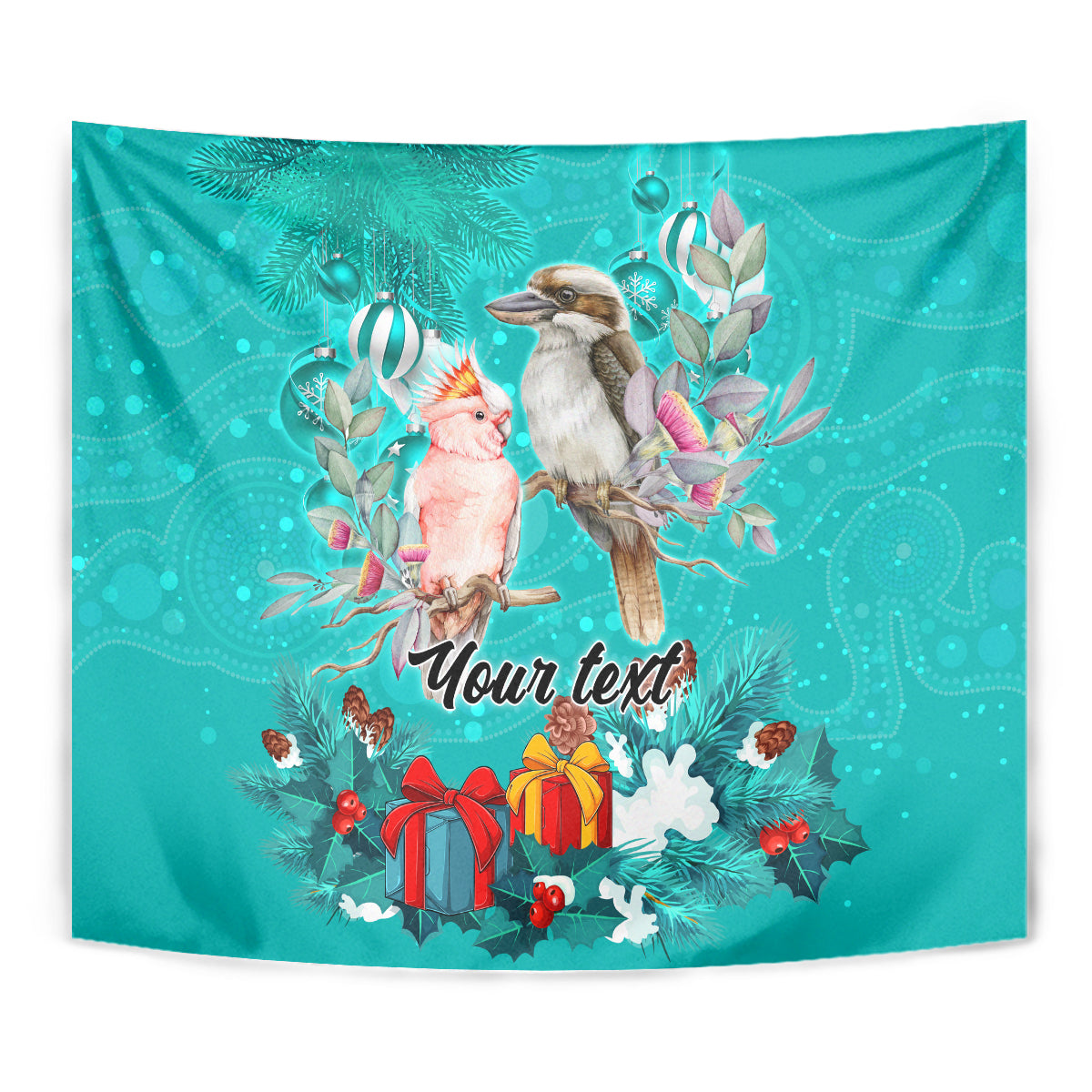 personalised-kookaburra-and-cockatoo-tapestry-australia-merry-christmas-aboriginal-teal-style