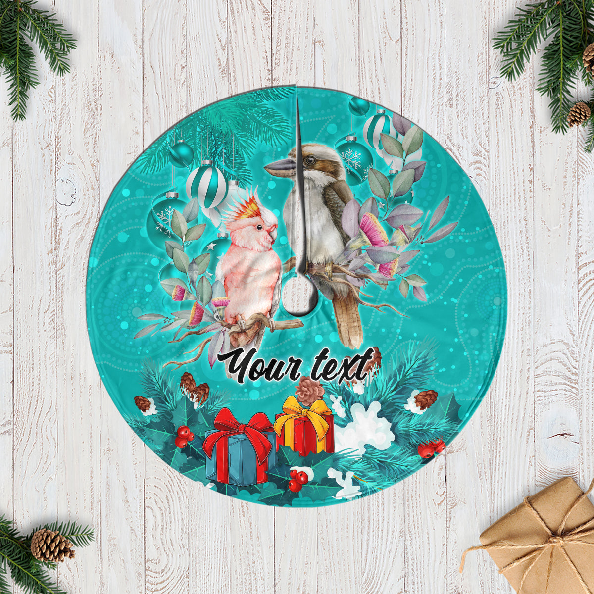 personalised-kookaburra-and-cockatoo-tree-skirt-australia-merry-christmas-aboriginal-teal-style