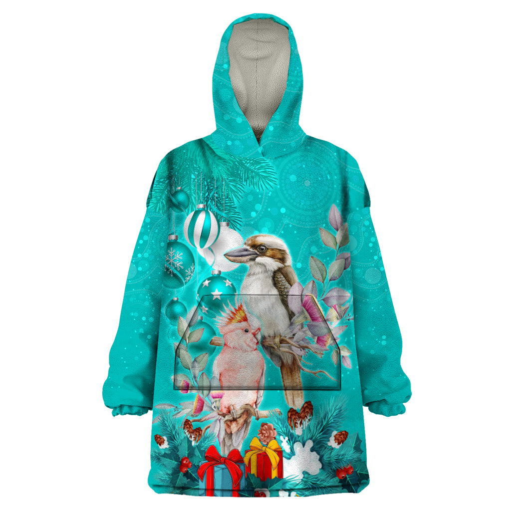 personalised-kookaburra-and-cockatoo-wearable-blanket-hoodie-australia-merry-christmas-aboriginal-teal-style