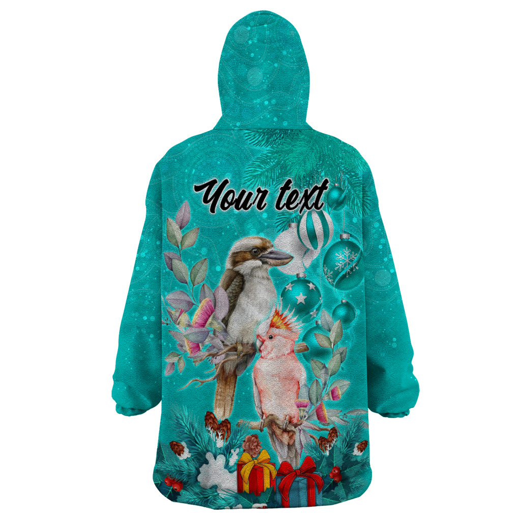 personalised-kookaburra-and-cockatoo-wearable-blanket-hoodie-australia-merry-christmas-aboriginal-teal-style