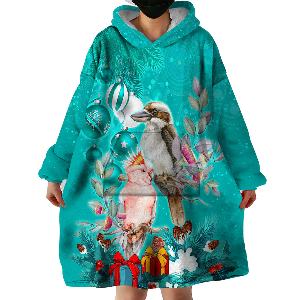 personalised-kookaburra-and-cockatoo-wearable-blanket-hoodie-australia-merry-christmas-aboriginal-teal-style