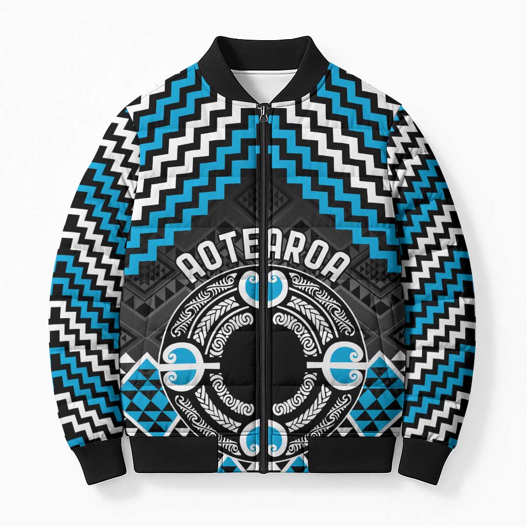 Personalised Aotearoa Niho Taniwha Motif Bomber Puffer Jacket Blue Style - Aussie Hoodie