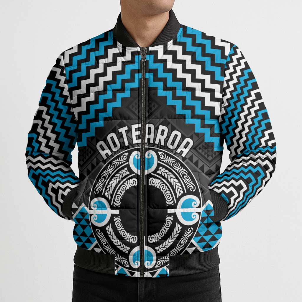 Personalised Aotearoa Niho Taniwha Motif Bomber Puffer Jacket Blue Style - Aussie Hoodie