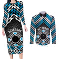 Personalised Aotearoa Niho Taniwha Motif Couples Matching Long Sleeve Bodycon Dress and Long Sleeve Button Shirt Blue Style