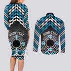 Personalised Aotearoa Niho Taniwha Motif Couples Matching Long Sleeve Bodycon Dress and Long Sleeve Button Shirt Blue Style