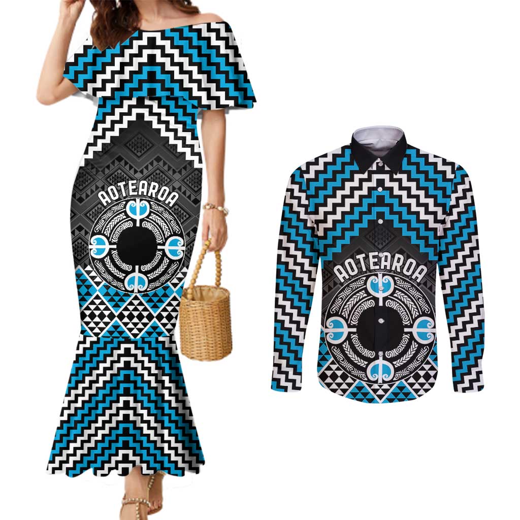 Personalised Aotearoa Niho Taniwha Motif Couples Matching Mermaid Dress and Long Sleeve Button Shirt Blue Style