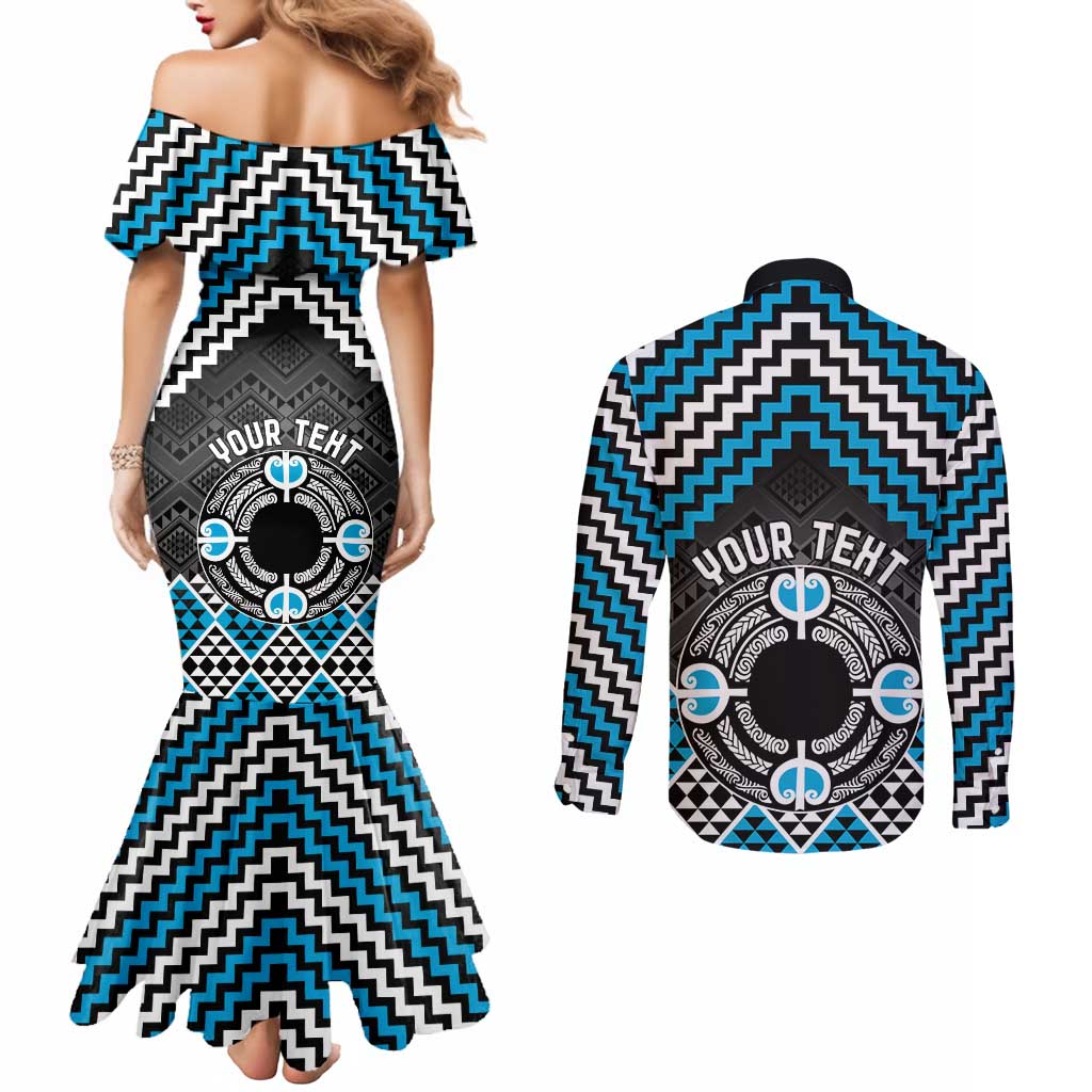 Personalised Aotearoa Niho Taniwha Motif Couples Matching Mermaid Dress and Long Sleeve Button Shirt Blue Style