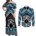 Personalised Aotearoa Niho Taniwha Motif Couples Matching Off Shoulder Maxi Dress and Long Sleeve Button Shirt Blue Style