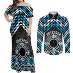 Personalised Aotearoa Niho Taniwha Motif Couples Matching Off Shoulder Maxi Dress and Long Sleeve Button Shirt Blue Style