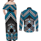 Personalised Aotearoa Niho Taniwha Motif Couples Matching Off Shoulder Maxi Dress and Long Sleeve Button Shirt Blue Style