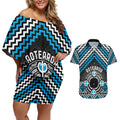 Personalised Aotearoa Niho Taniwha Motif Couples Matching Off Shoulder Short Dress and Hawaiian Shirt Blue Style