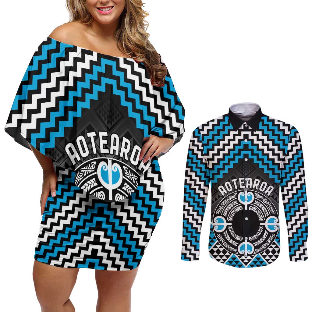 Personalised Aotearoa Niho Taniwha Motif Couples Matching Off Shoulder Short Dress and Long Sleeve Button Shirt Blue Style